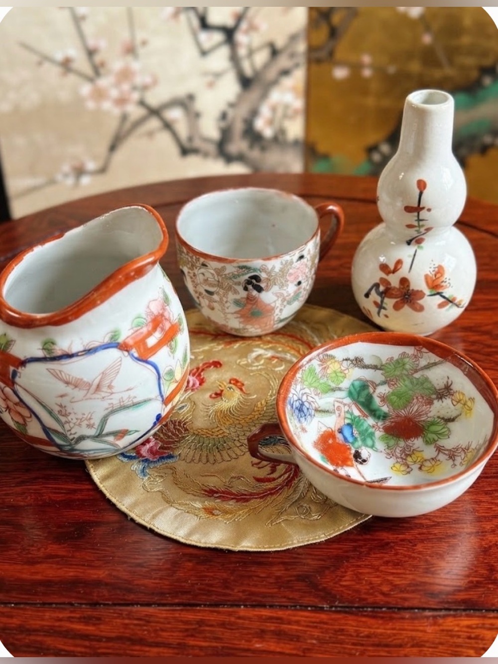 Hand-Painted Floral Porcelain Tea Set - Red Trim